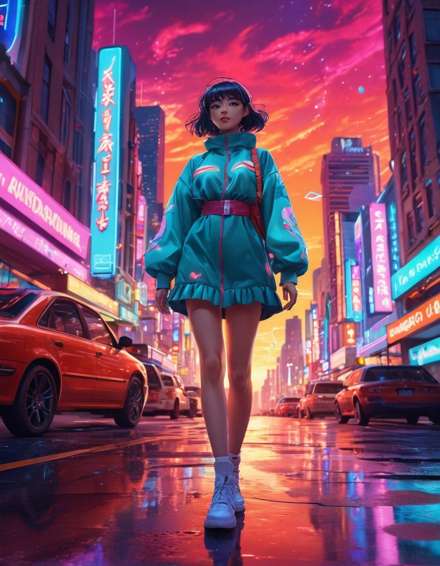 A colorful and dynamic scene featuring a whimsical anime-style character, set against a backdrop of vibrant city lights and playful landscapes. Incorporate elements of anime aesthetics like exaggerated expressions, intricate costumes, and fluid motion lines to emphasize the allure of animated adult content. Include subtle hints of mature themes intertwined with a sense of fun and artistic freedom. The character should exude charm and charisma, inviting viewers into the animated world. vivid anime style. vibrant colors. 3D.