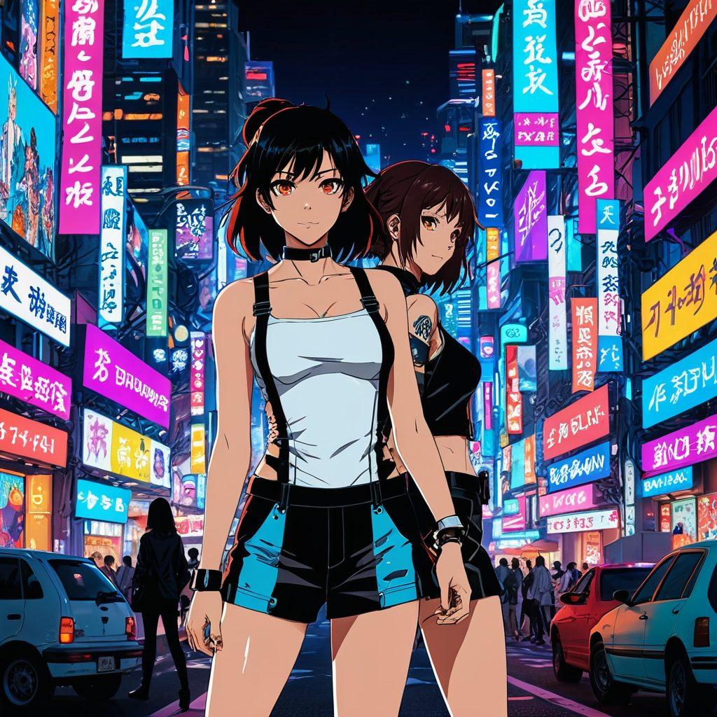 A dynamic and colorful collage representing diverse anime characters in various sensual poses, blending elements of bold and playful aesthetics. Include iconic symbols from pop culture and the adult entertainment industry, surrounded by a whimsical cityscape at night. The scene should evoke a sense of intrigue and artistry, capturing the evolution of anime hentai's impact on culture. vibrant colors. cyberpunk. high contrast.